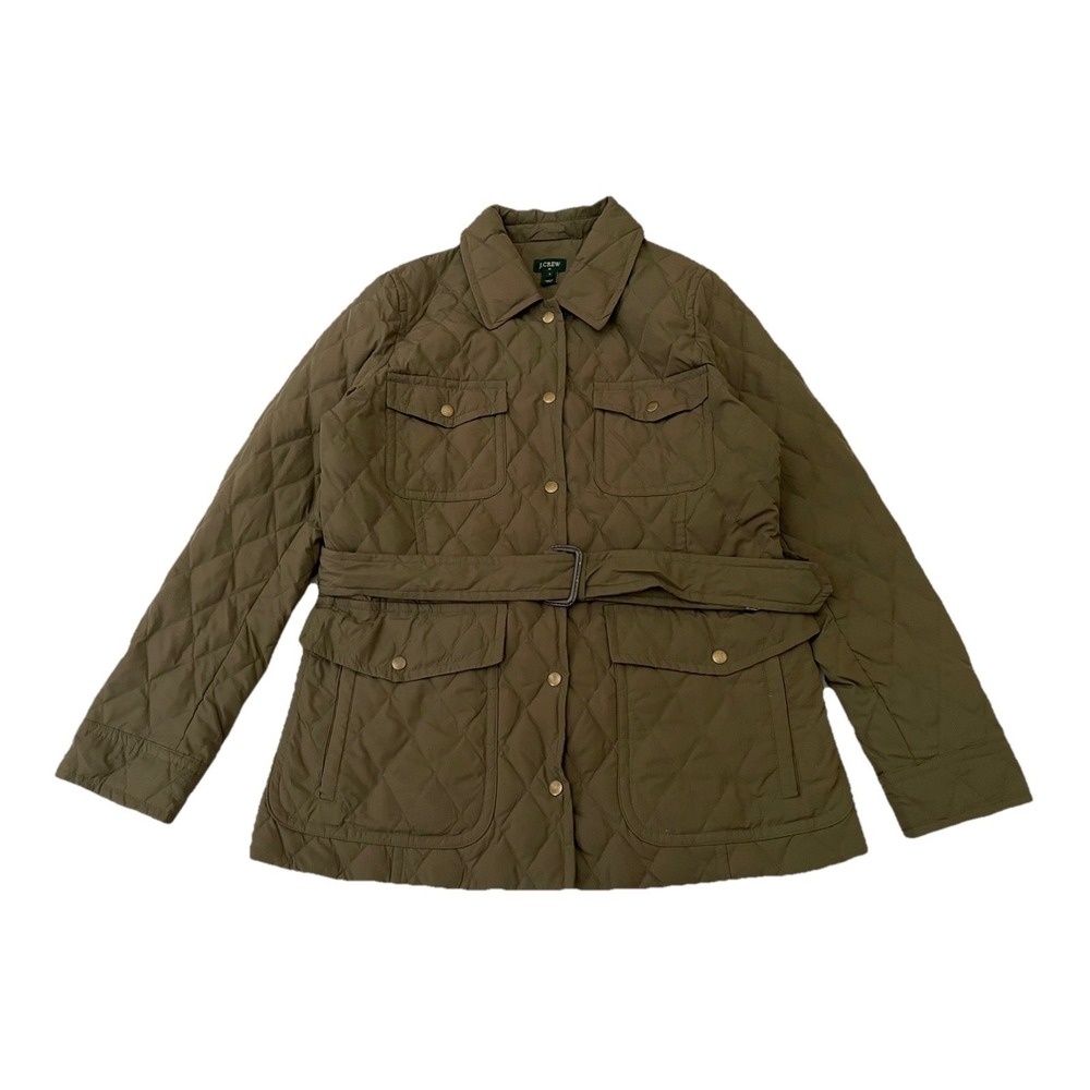 J CREW Downtown Field Military DOWN QUILTED JACKET Large Olive Green Belted